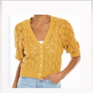 AUTUMN CASHMERE Puff Sleeve Pointelle Cardigan, Small